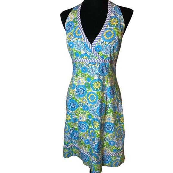 Lilly Pulitzer Halter Floral Dress Blue‎ Green and yellowSize 8 - Picture 1 of 9